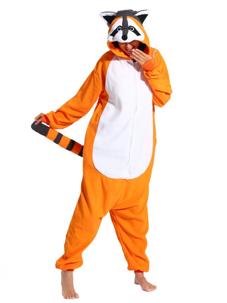 Women & Men Raccoon Onesie Pajamas Cute Easy Halloween Costume Orange